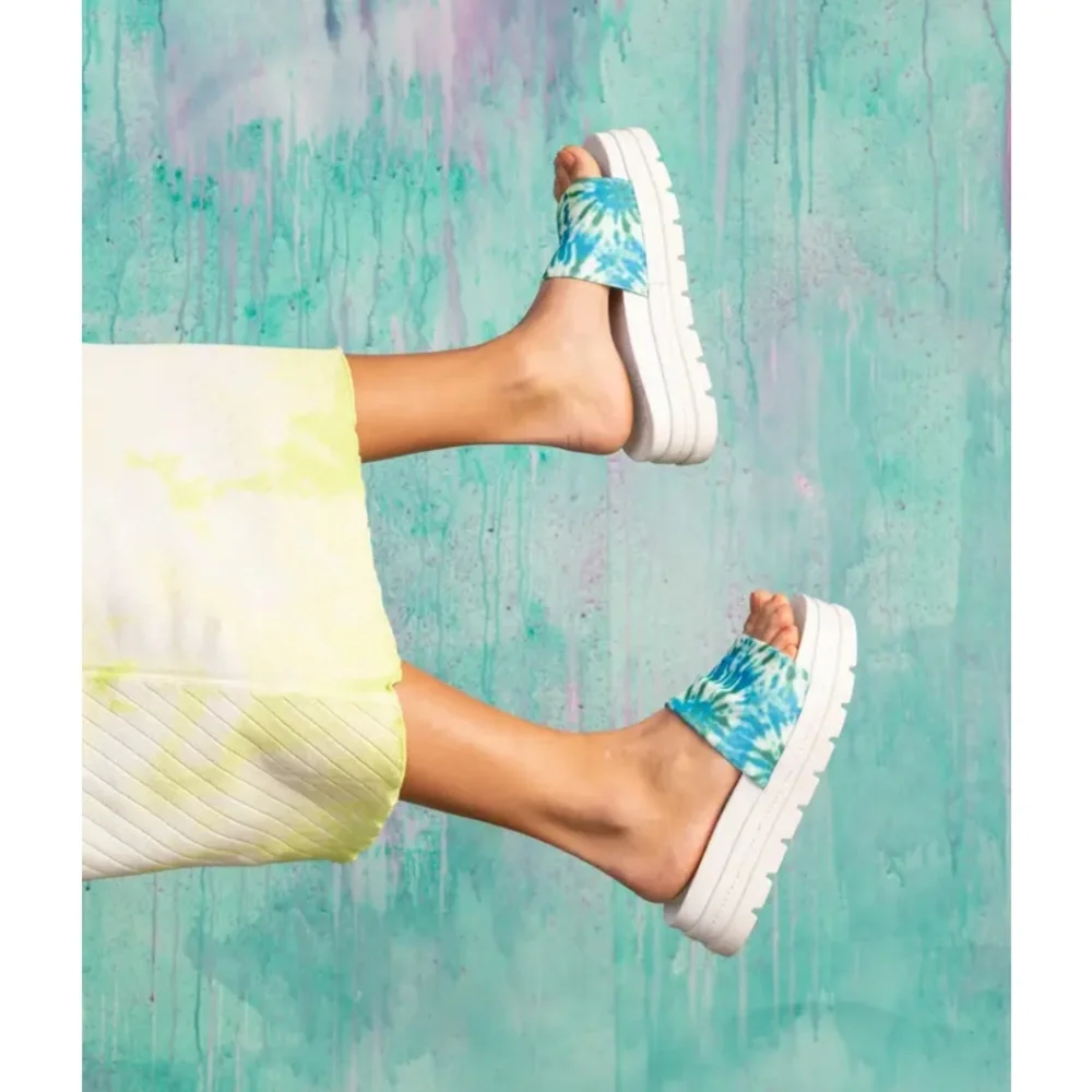 J/SLIDES NYC Brit Slide Sandal Slip On Platforms Blue Green Tie Dye